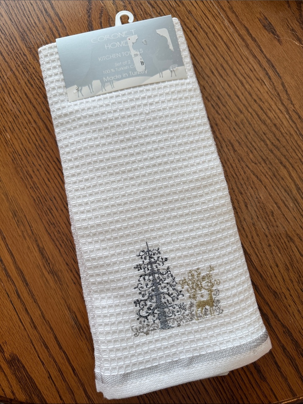 White Waffle Kitchen Towel with Metallic Tree/Reindeer Accent, 2 towels